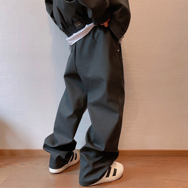 Matt black PU leather pants elastic waist men's straight pants