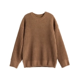 Демисезонный ретро кофейный трикотажный брендовый свитер, свободный крой, круглый воротник