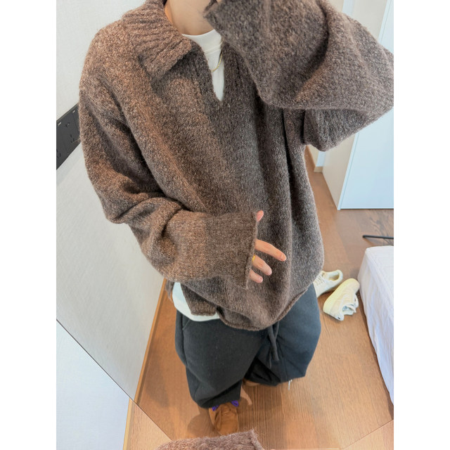 Dannyandzee spring retro all-match loose soft waxy V-neck thick line pullover lapel dropped shoulder knitted sweater for men
