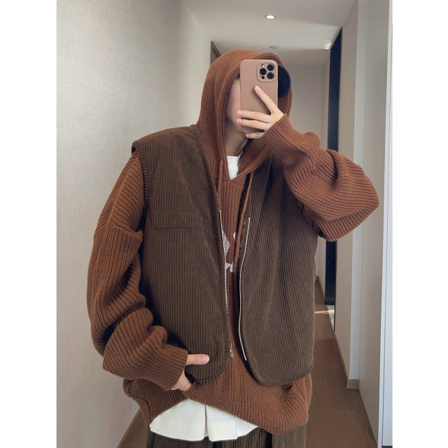 Dannyandzee spring retro coffee brown reversible warm cloud plush thick vest for men