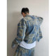 Dannyandzee spring and summer thin yellow cashew flower printed contrasting color short raw edge denim jacket for men