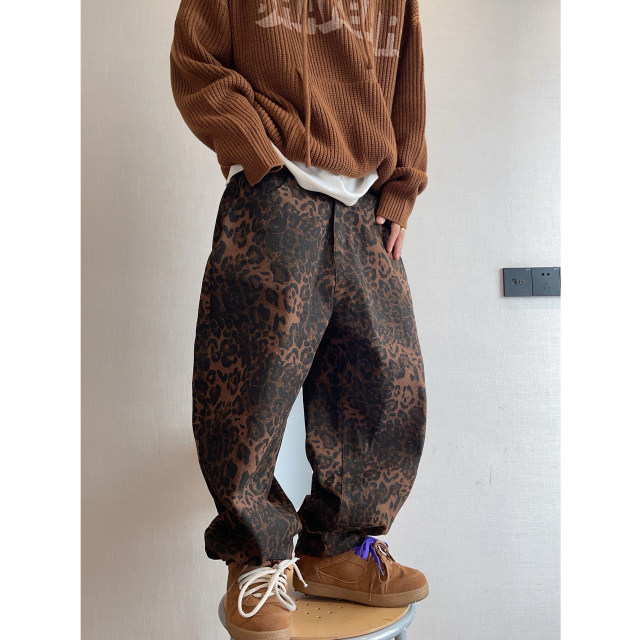 Dannyandzee spring retro versatile brown ginger twill canvas leopard print scimitar pants overalls