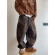 Dannyandzee spring retro versatile brown ginger twill canvas leopard print scimitar pants overalls