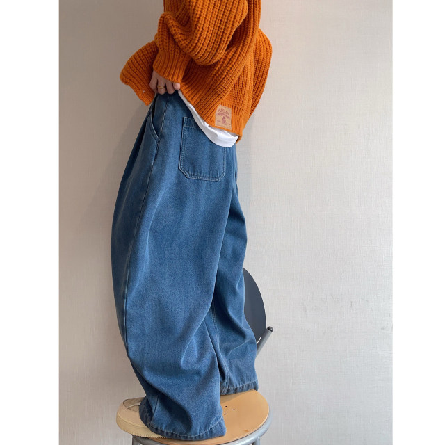 Dannyandzee winter retro heavy washed blue plus velvet thickened warm wide leg jeans men's trousers INS