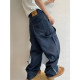 Dannyandzee summer versatile navy blue linen topstitch streamers curled straight pants trousers overalls for men