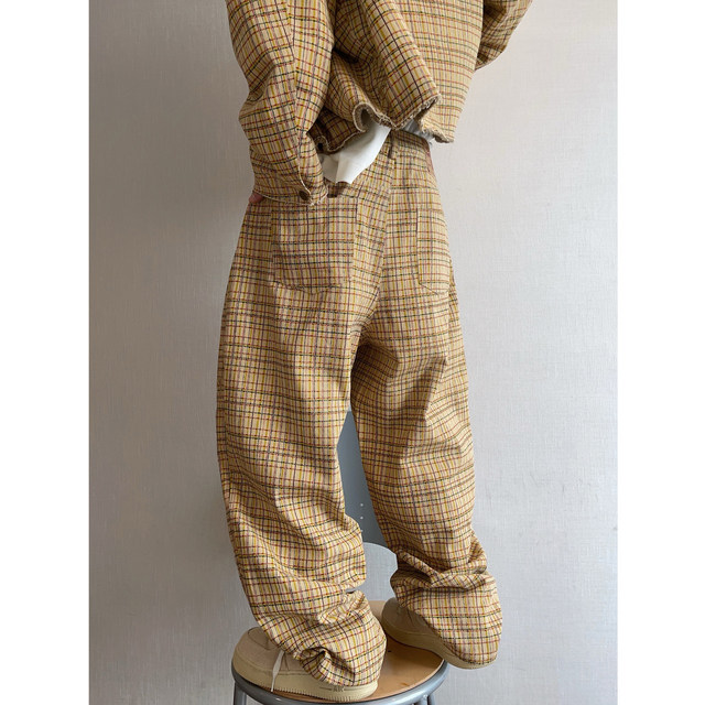 Dannyandzee spring retro washed biscuit color khaki plaid canvas scimitar pants men's overalls INS