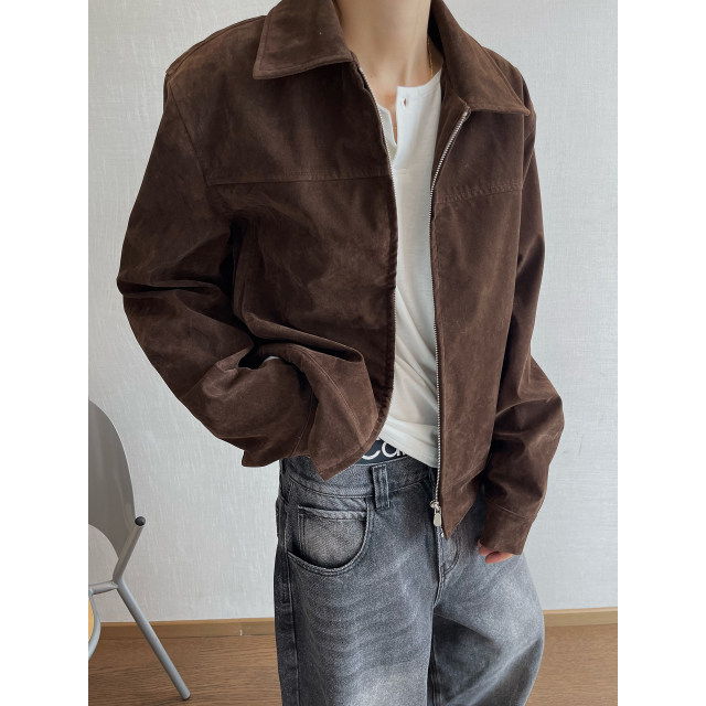 Dannyandzee spring retro versatile dark brown lapel fitted suede PU leather jacket for men INS