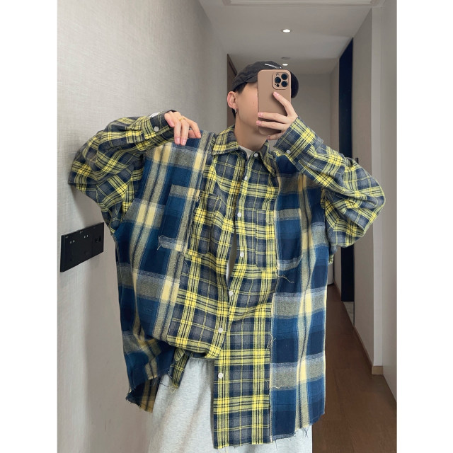 Dannyandzee spring retro handsome loose yellow and blue plaid splicing raw edge loose long-sleeved shirt for men INS
