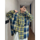 Dannyandzee spring retro handsome loose yellow and blue plaid splicing raw edge loose long-sleeved shirt for men INS