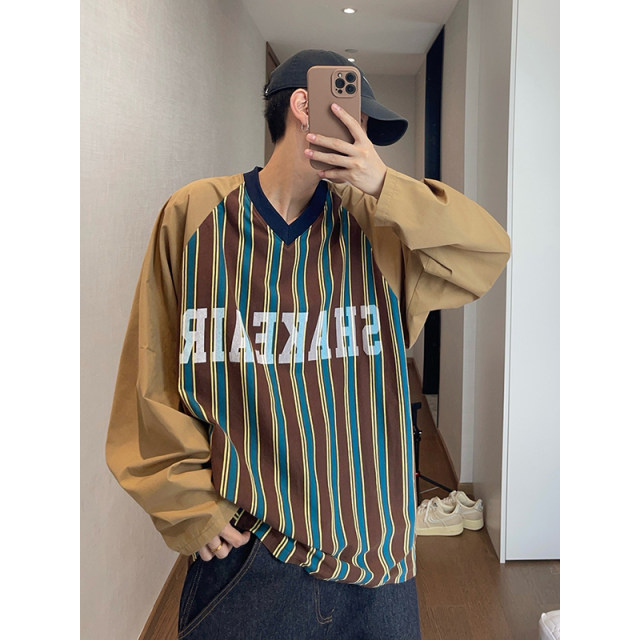Dannyandzee autumn retro all-match letter print striped splicing raglan sleeves long sleeves V-neck TEE men's INS