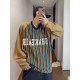 Dannyandzee autumn retro all-match letter print striped splicing raglan sleeves long sleeves V-neck TEE men's INS