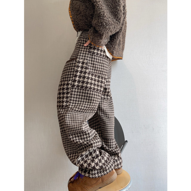 Dannyandzee spring irregular brown houndstooth retro heavyweight warm woolen casual pants men's trousers