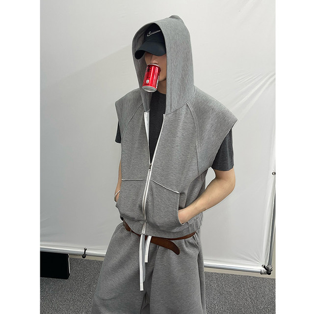 Dannyandzee summer retro versatile lazy gray sports casual cropped pants hooded vest suit for men