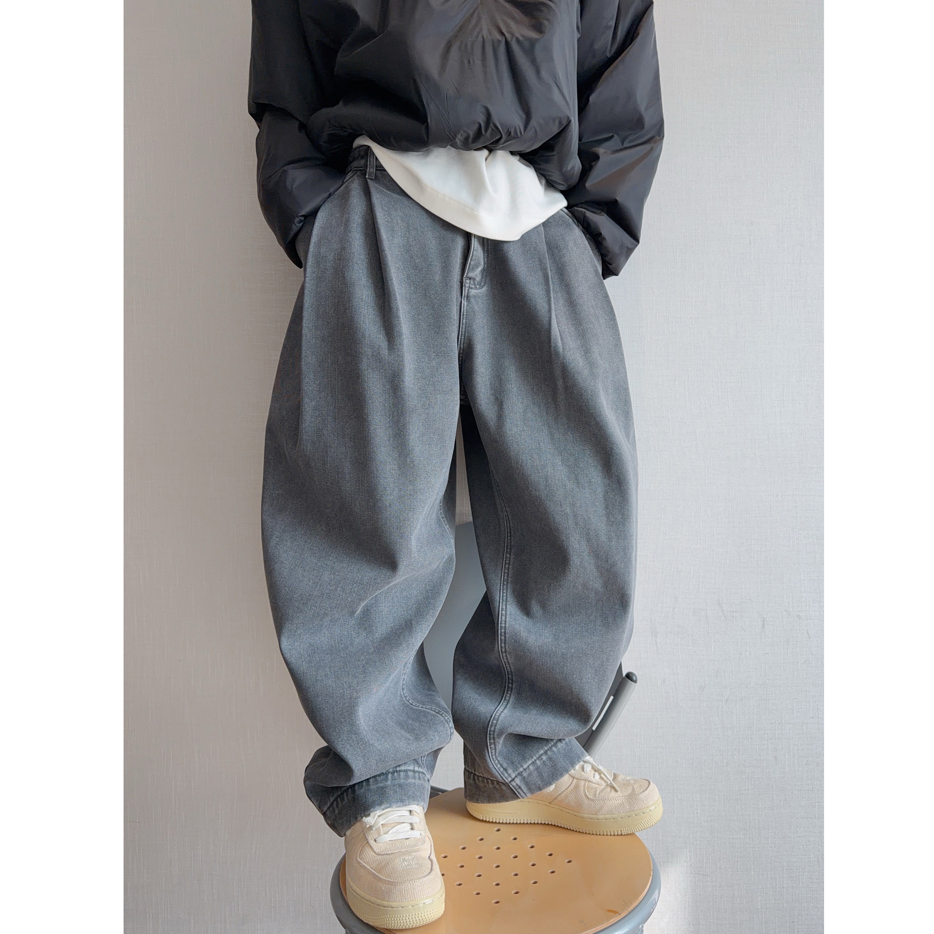 dannyandzee冬季复古加绒加厚保暖弯刀牛仔裤不拖地锥形牛仔裤男 - 图0