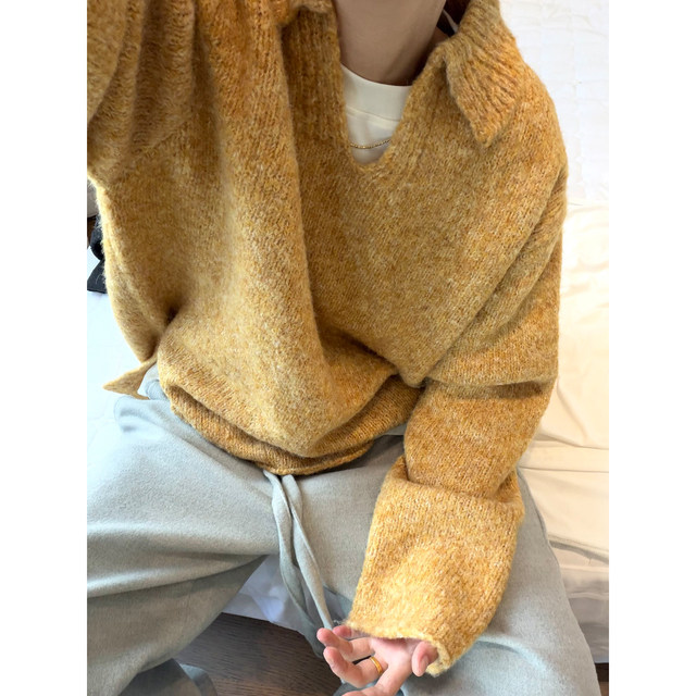 Dannyandzee spring retro all-match loose soft waxy V-neck thick line pullover lapel dropped shoulder knitted sweater for men