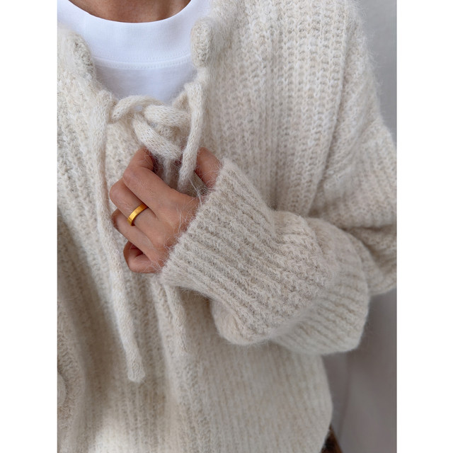 Dannyandzee spring retro all-match solid color brushed drawstring design round neck pullover sweater for male couples