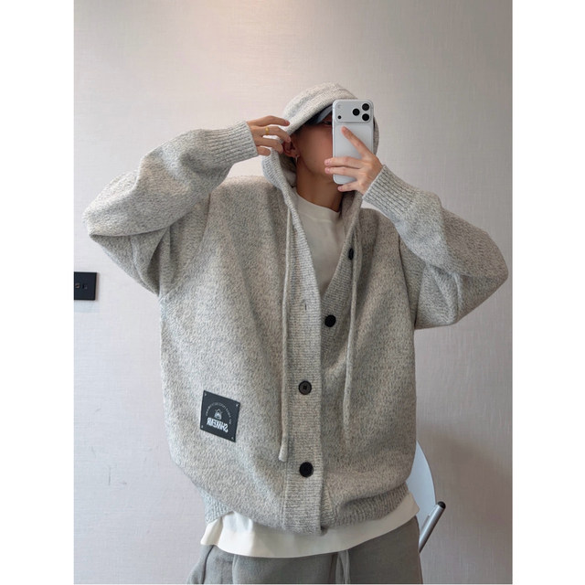 Dannyandzee winter thickened solid color hooded loose versatile layered button thick sweater jacket for men