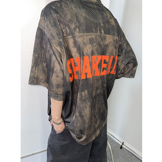 Dannyandzee summer retro street military green tie-dye loose digital printing mesh large short-sleeved T-shirt for men