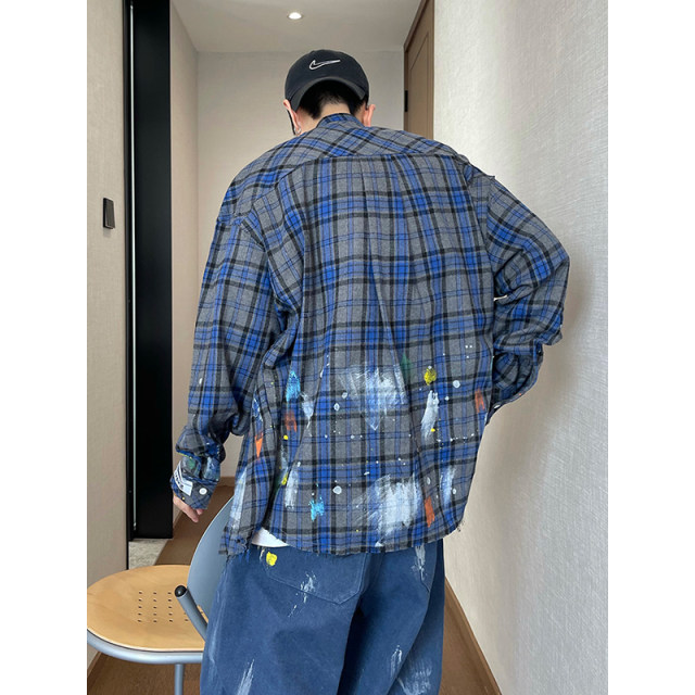 Dannyandzee spring retro gray blue plaid stand collar raw edge distressed hand-painted long-sleeved shirt for men