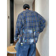 Dannyandzee spring retro gray blue plaid stand collar raw edge distressed hand-painted long-sleeved shirt for men