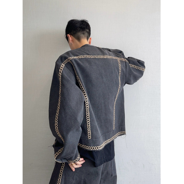 Dannyandzee spring and summer quite wide style beaded canvas loose collarless raw edge webbing work jacket for men