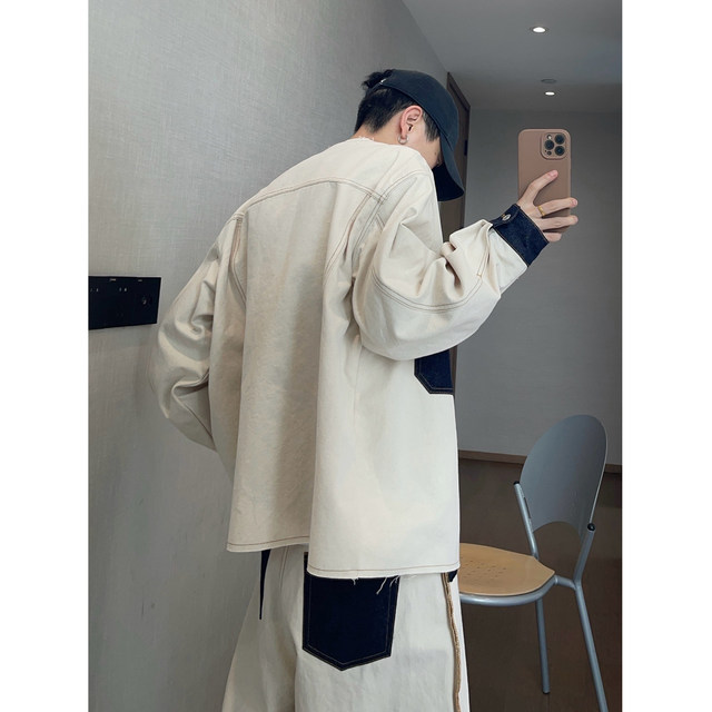 Dannyandzee spring retro off-white spliced ​​denim breasted raw edge collarless pocket jacket for men