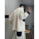 Dannyandzee spring retro off-white spliced ​​denim breasted raw edge collarless pocket jacket for men