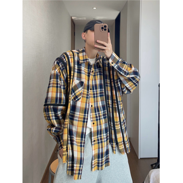 Dannyandzee spring and summer colorful yellow and blue plaid retro stitching OVERSIZE detachable long-sleeved shirt for men