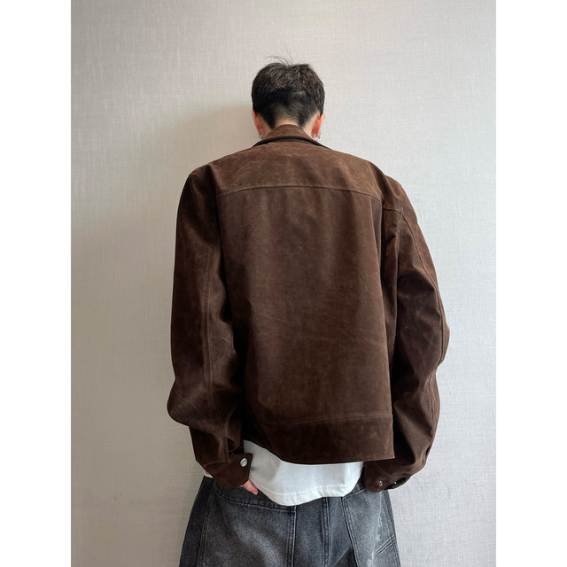 Dannyandzee spring retro versatile dark brown lapel fitted suede PU leather jacket for men INS
