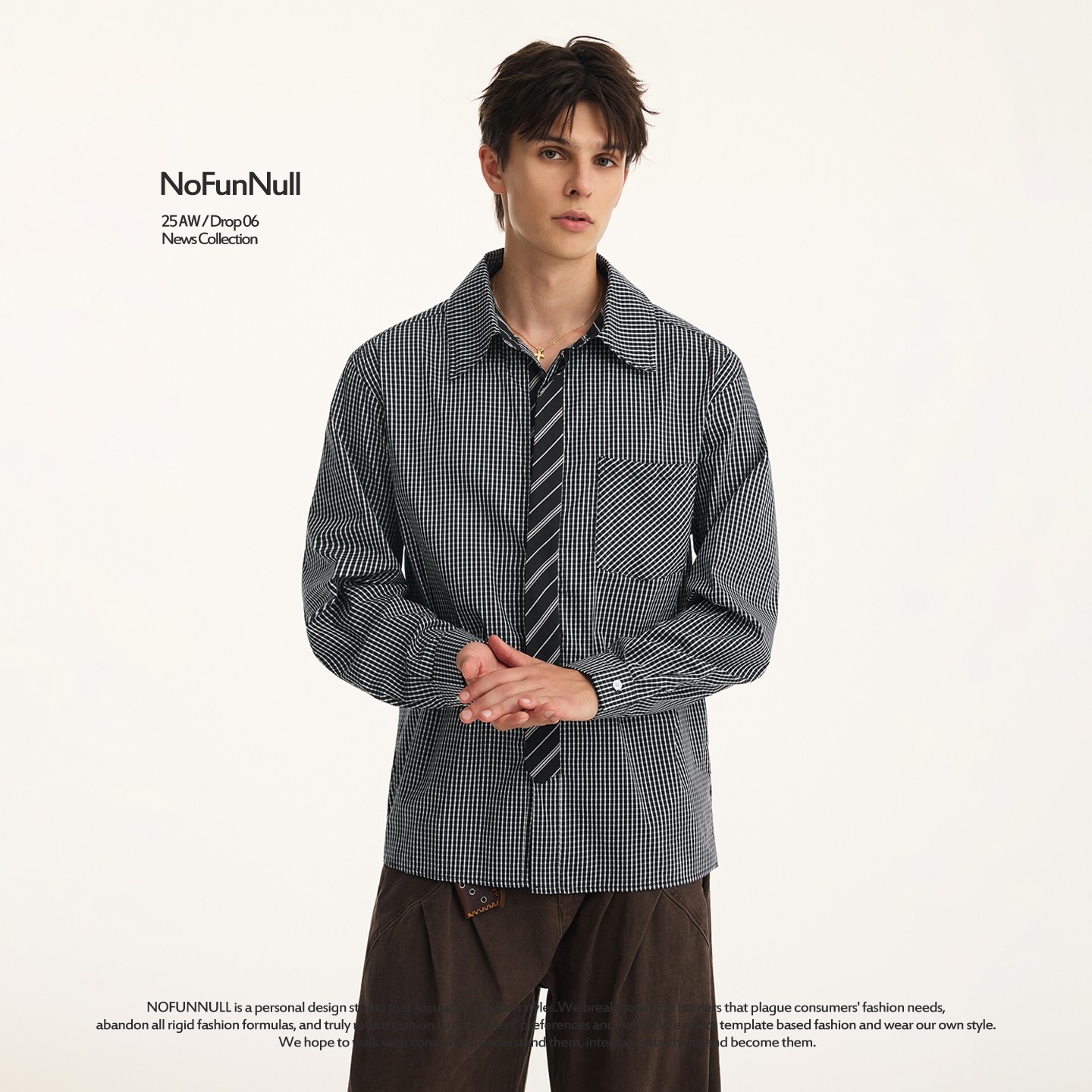 NOFUNNULL 假两件领带高质长袖衬衫男秋季新款老钱风拼接格子上衣,淘宝优惠券,粉丝福利购,淘宝优惠卷