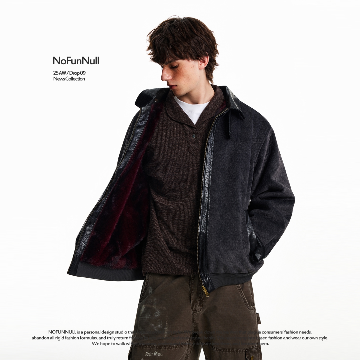 NOFUNNULL 赤兔高定丝绒座山雕狼纹棉衣男冬季复古两面穿皮领夹克 - 图1