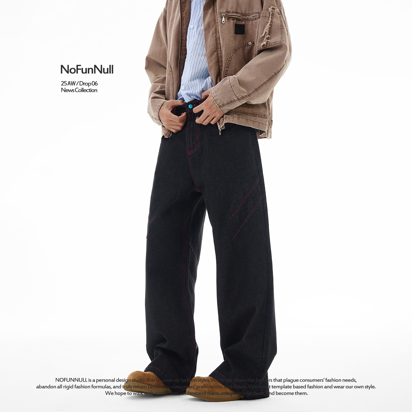 NOFUNNULL 13盎司牛王赤耳丹宁红线美式cleanfit原色直筒牛仔裤男 - 图2