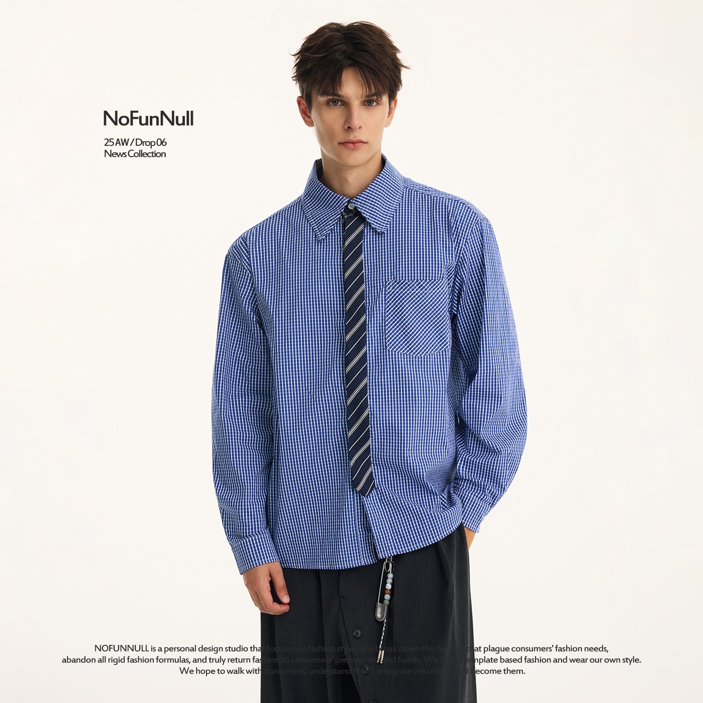 NOFUNNULL 假两件领带高质长袖衬衫男秋季新款老钱风拼接格子上衣,淘宝优惠券,粉丝福利购,淘宝优惠卷