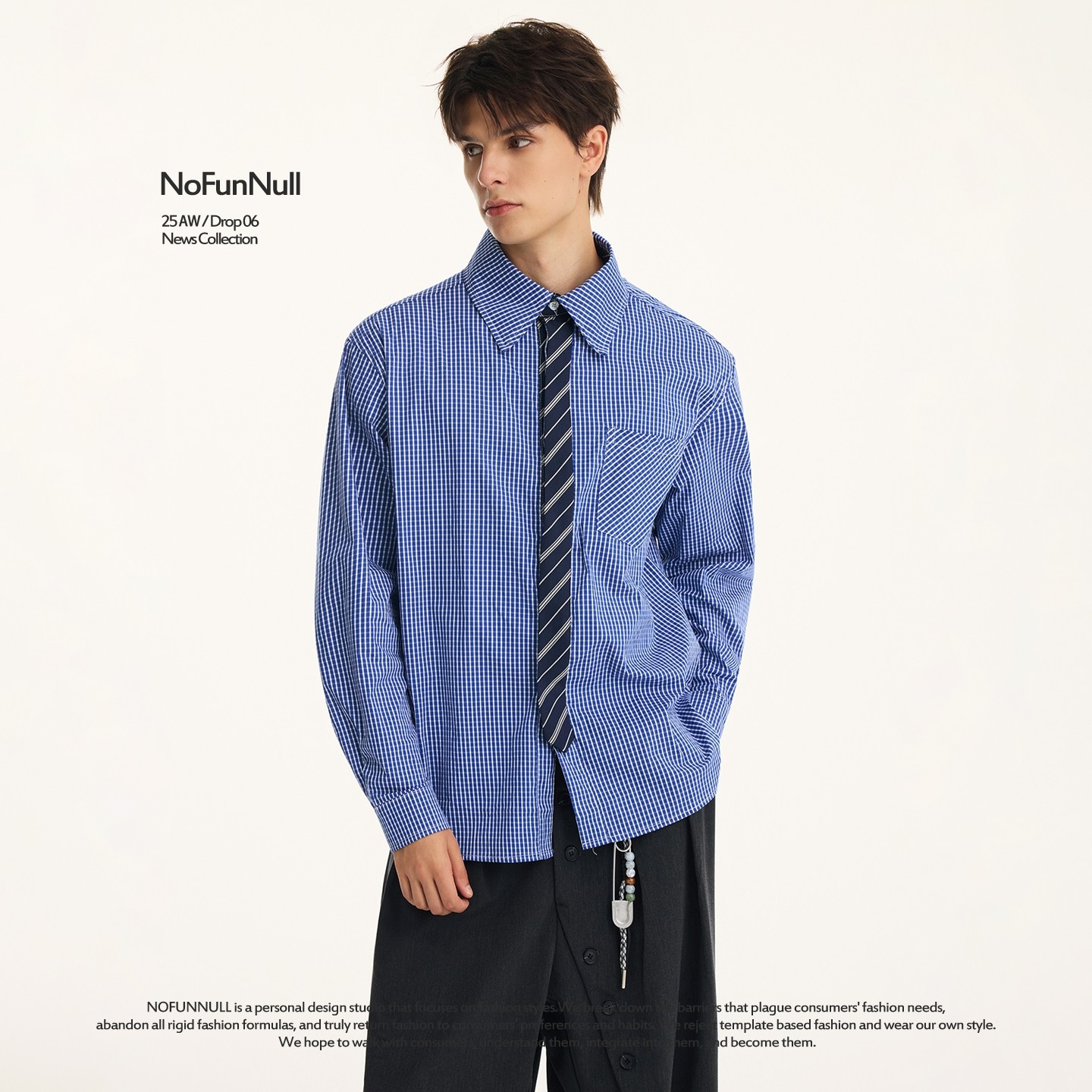 NOFUNNULL 假两件领带高质长袖衬衫男秋季新款老钱风拼接格子上衣,淘宝优惠券,粉丝福利购,淘宝优惠卷