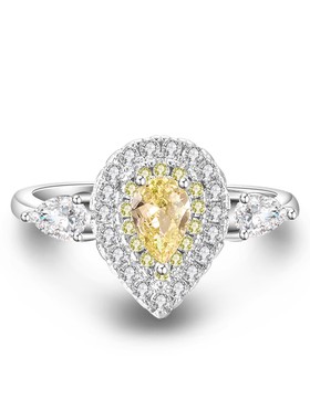 s925纯银情侣对戒女款奢华黄粉钻水滴满钻仿真莫桑钻石公主戒指环