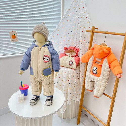 宝宝连体衣羽绒棉服冬款爬爬服哈衣男女童套装新生幼婴儿外出抱衣 - 图2