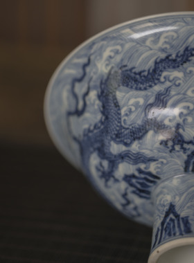 明宣德青花福山寿海纹高足碗  溪兰轩陶瓷 送人礼品 柴窑青花