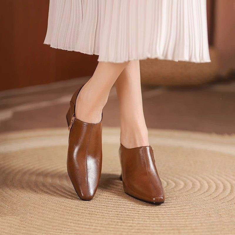 粗跟方头侧拉链真皮小皮鞋女2026年春季新款中跟简约百搭深口单鞋,淘宝优惠券,粉丝福利购,淘宝优惠卷