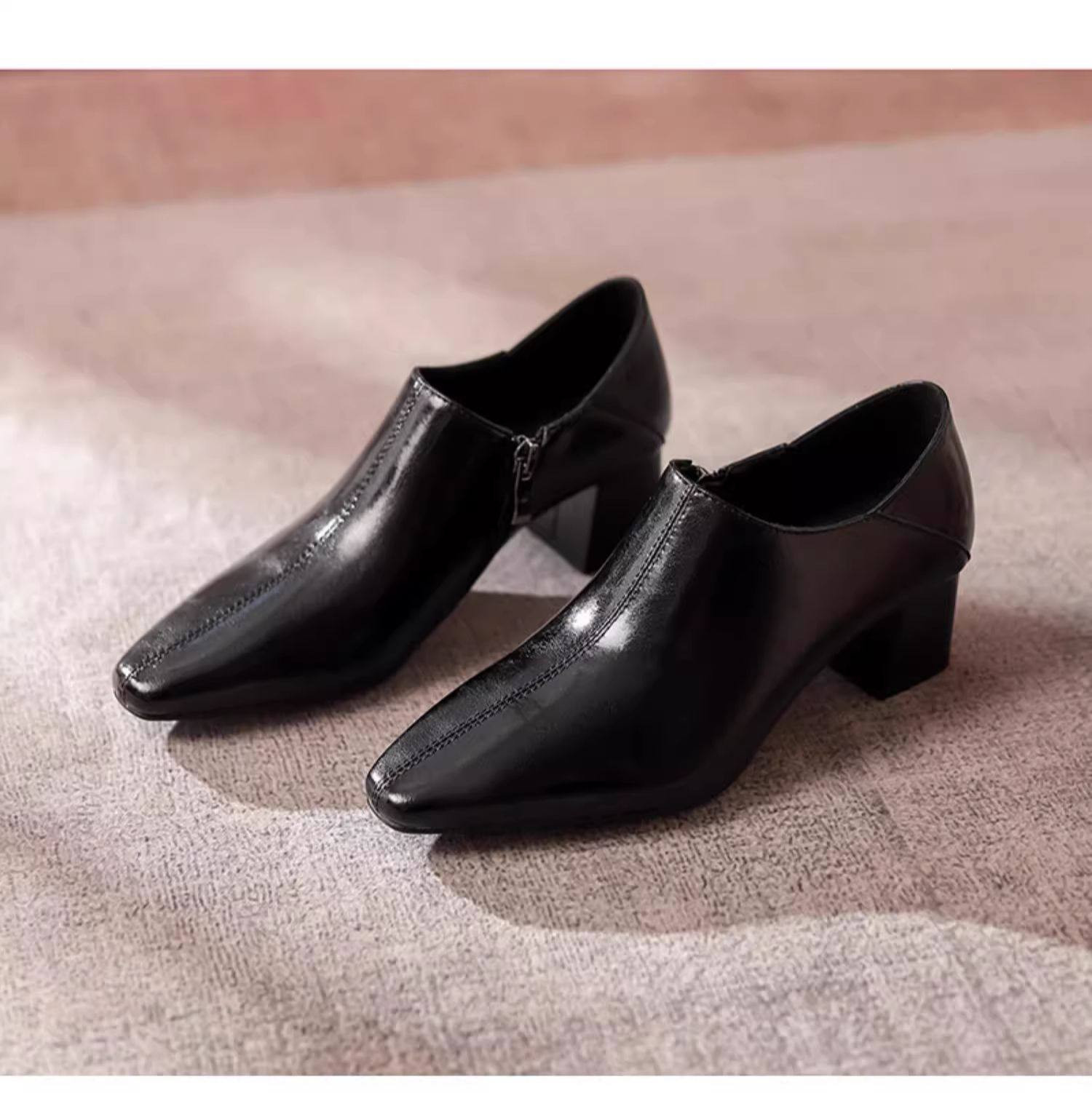 粗跟方头侧拉链真皮小皮鞋女2026年春季新款中跟简约百搭深口单鞋,淘宝优惠券,粉丝福利购,淘宝优惠卷