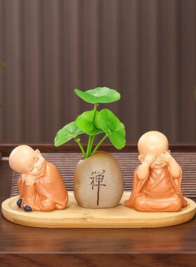 可爱桌面草小石头禅意和尚摆件