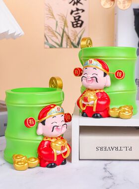 新款好运财神笔筒学生礼品办公工位财神爷礼物树脂工艺品摆件