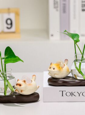 水晶小猫绿萝水培花瓶桌面摆件可爱招财猫装饰品花器插花水养花瓶
