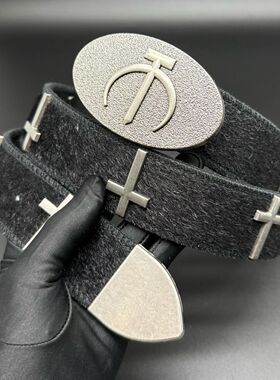 OYE暗黑风十字架皮带马毛腰带朋克系复古男女皮革重工嘻哈摇滚