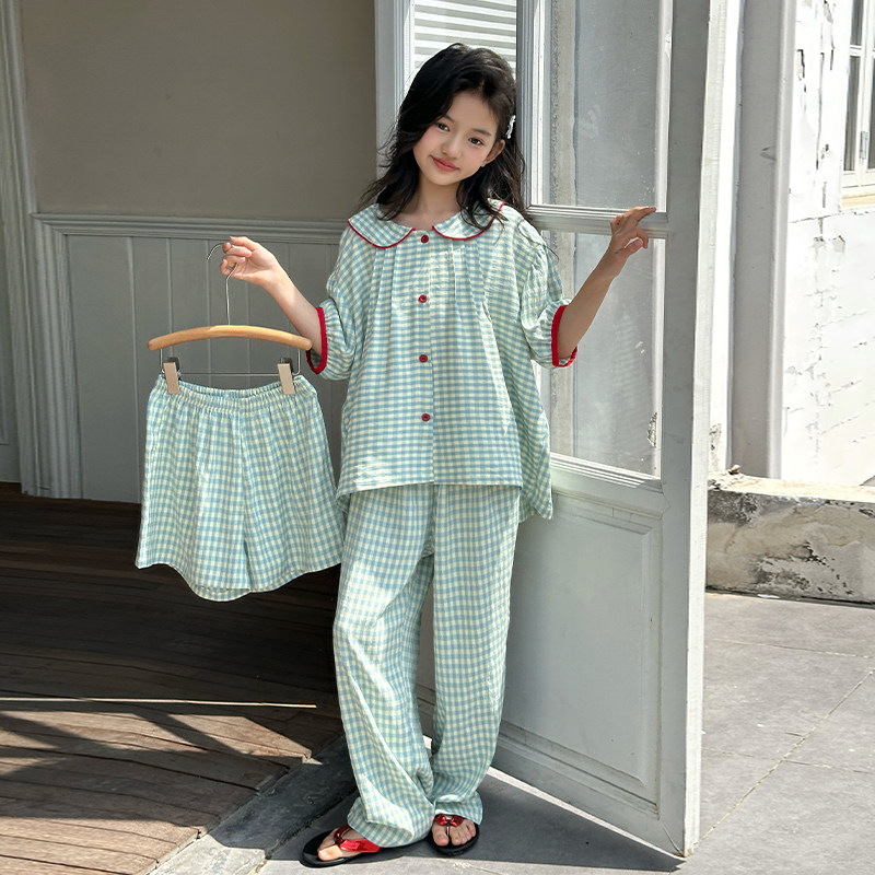 女童纯棉睡衣夏季2025新款儿童三件套短袖薄款大童女孩空调家居服,淘宝优惠券,粉丝福利购,淘宝优惠卷