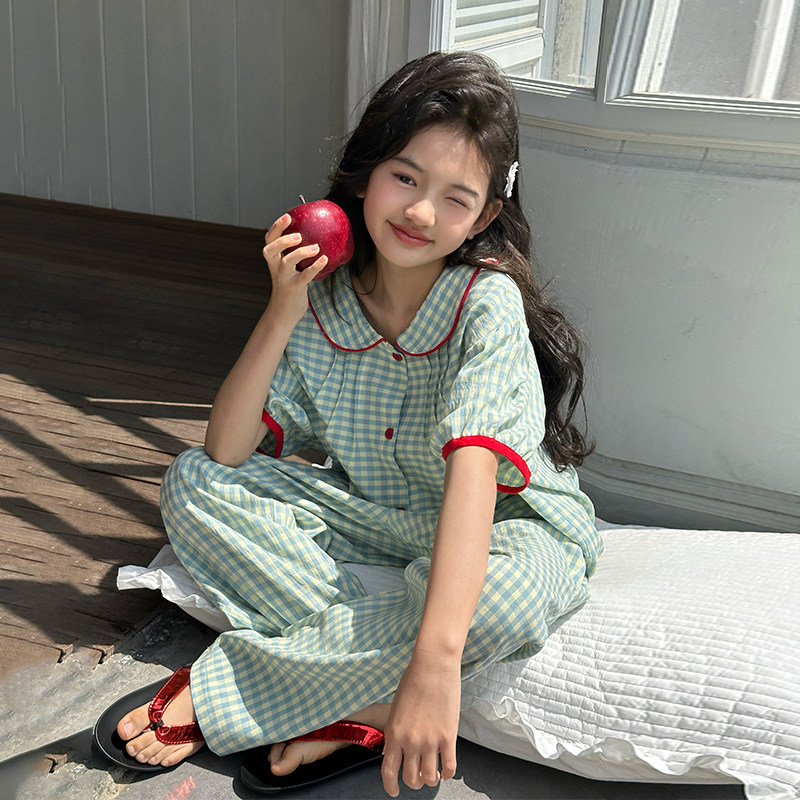 女童纯棉睡衣夏季2025新款儿童三件套短袖薄款大童女孩空调家居服,淘宝优惠券,粉丝福利购,淘宝优惠卷