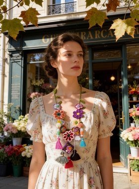 夏萨珑！DIY异域风情耳环吊坠花朵孤品耳环清迈手工编织花朵项链