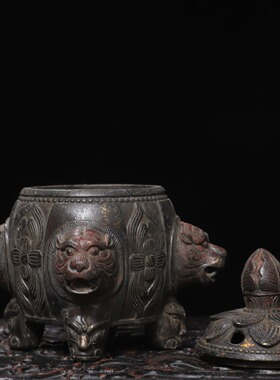 四面兽熏香炉纯黄铜器雕复古家居用客厅办公室装饰工艺品桌面摆件