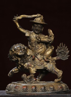 藏传密宗纯铜拓金护法骑狮兽格萨尔王觉如阿吉觉吉佛像家居用摆件