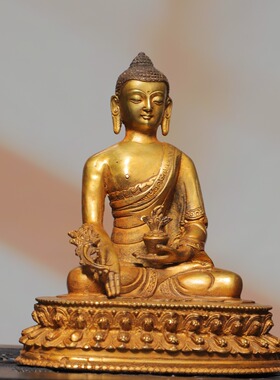 纯黄铜器雕鎏金药师佛像坐像家居佛堂供佛桌面装饰品复古摆件礼品
