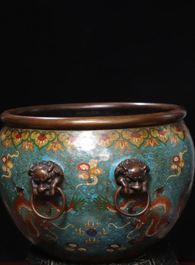 大号古玩杂项古董精品铜胎掐丝景泰蓝兽耳衔环龙头缸一对摆件收藏